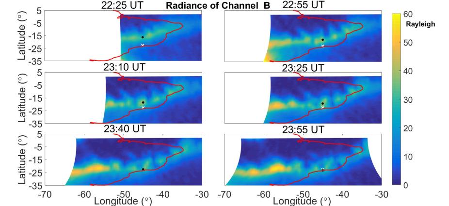 The latitude-longitude distribution of the OI 135.6 nm radiance measured by GOLD Channel B from 22:25 to 23:55 UT (22:25, 22:55, 23:10, 23:25, 23:40 and 23:55) on Nov 19, 2018