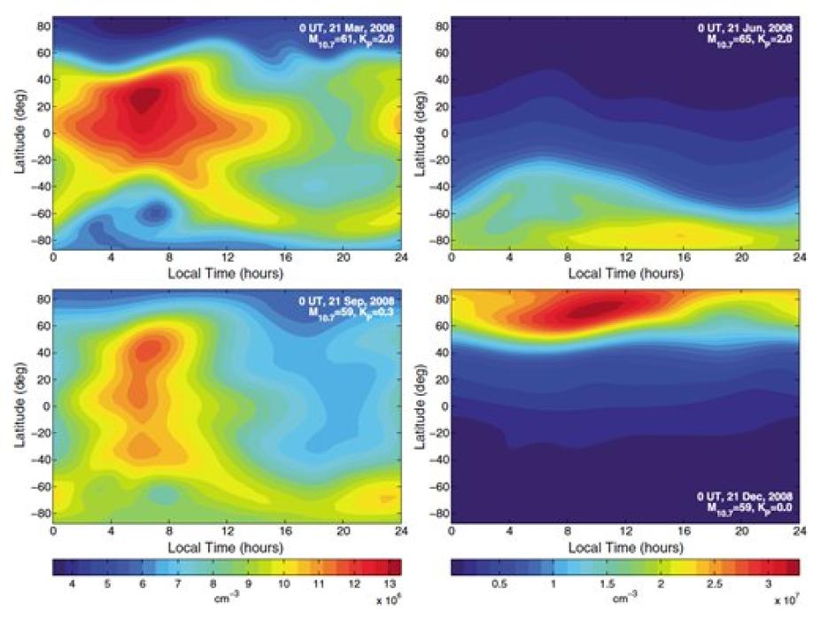 Global distribution of helium number densities at 250 km altitude during each season for solar minimum conditions