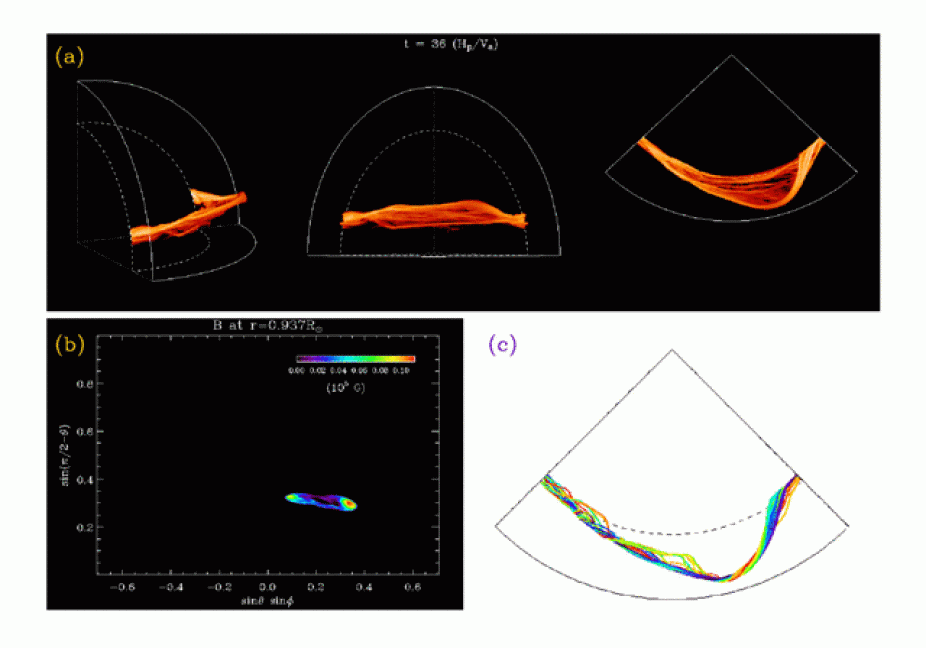 (a) 3D volume rendering of the magnetic field strength of a weakly twisted, rising Omega-shaped, whose apex is approaching the top boundary, resulting from a simulation described in (Fan 2008); (b) A cross section of |B| near the top boundary at r=0.937 R; (c) selected field lines threading through the coherent apex cross-section of the Omega-shaped tube