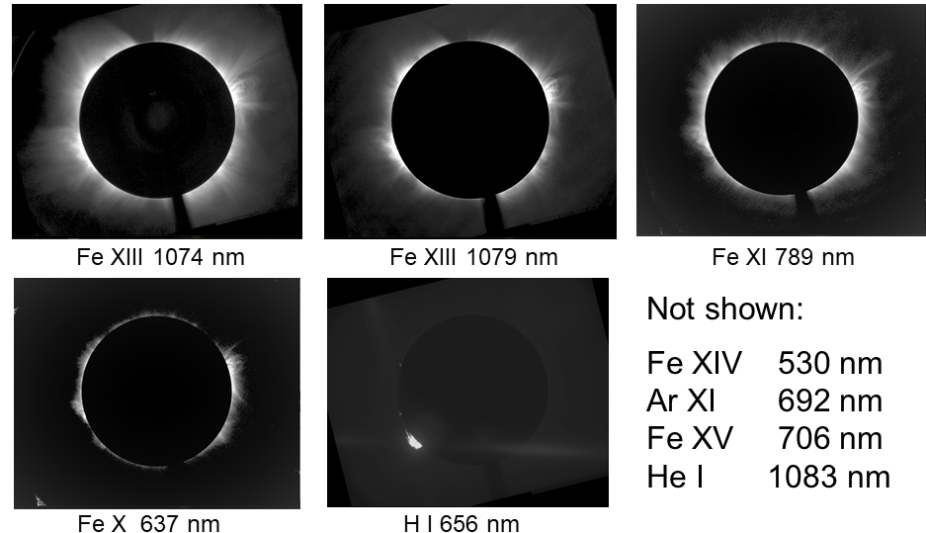  sample of five of the nine spectral lines acquired with UCoMP showing coronal structures at various temperatures.