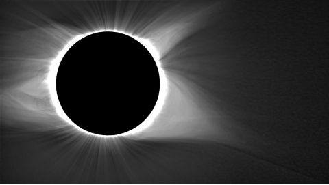 Fully processed image of the corona generated by stacking many co-aligned, calibrated images and applying a radial filter and multi-scale unsharp mask to bring out details at higher altitudes