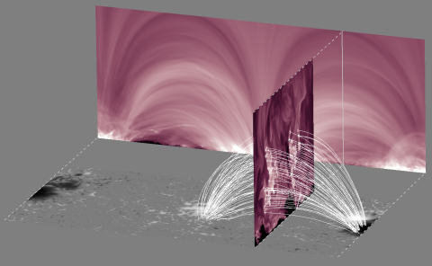 3D view of the simulated corona; bottom panel: magnetogram; back panel: synthetic AIA 211A coronal image; middle vertical plane: volumetric emissivity. Field lines are included for reference.