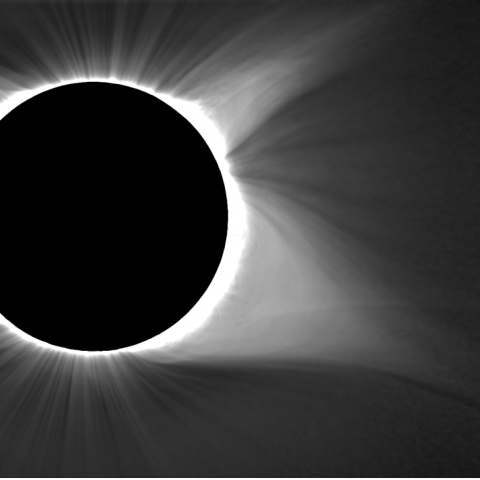 Fully processed image of the corona generated by stacking many co-aligned, calibrated images and applying a radial filter and multi-scale unsharp mask to bring out details at higher altitudes