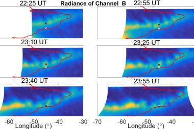 The latitude-longitude distribution of the OI 135.6 nm radiance measured by GOLD Channel B from 22:25 to 23:55 UT (22:25, 22:55, 23:10, 23:25, 23:40 and 23:55) on Nov 19, 2018