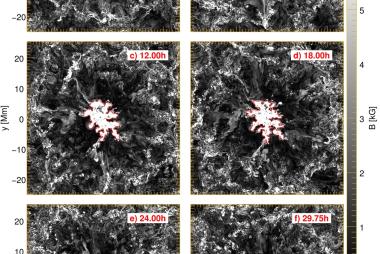 Maps of the magnetic field strength at depth of z = −7.5 Mm beneath the solar photosphere at different times (indicated in red in each panel)